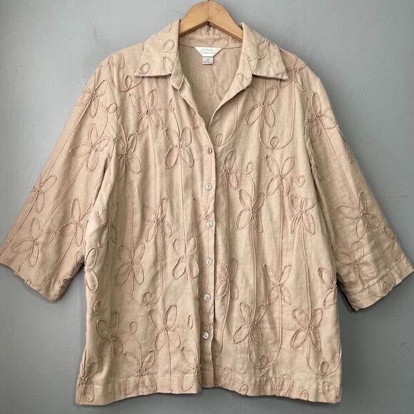 CJ Banks Top Plus Size 1X Beige Linen Soutache Embroidered Lagenlook Minimalist - Picture 1 of 9